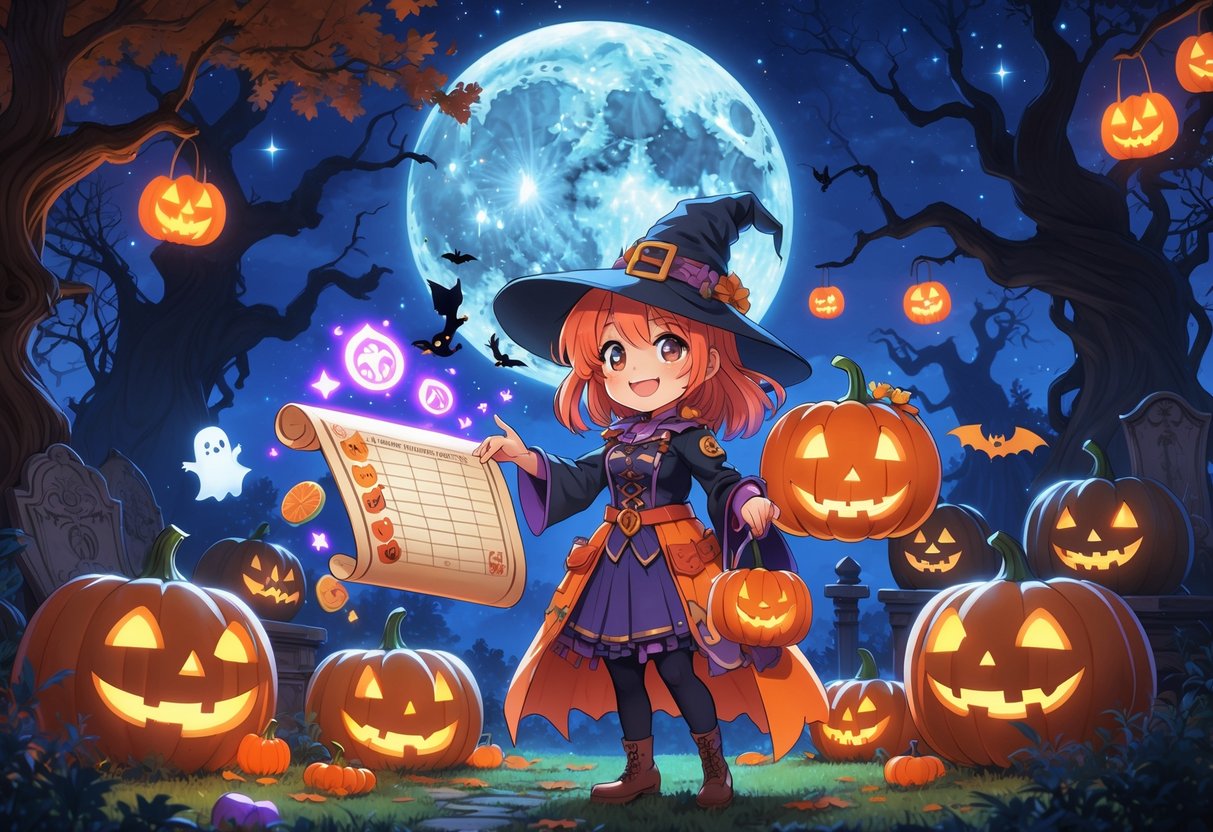 A young person in a colorful Halloween costume holding a glowing checklist surrounded by pumpkins, candy, and magical Halloween items in a moonlit forest with glowing lanterns and flying bats.