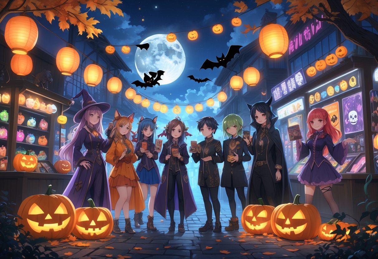 A group of people in Halloween costumes enjoying a festive night market decorated with pumpkins, lanterns, and magical lights under a full moon.