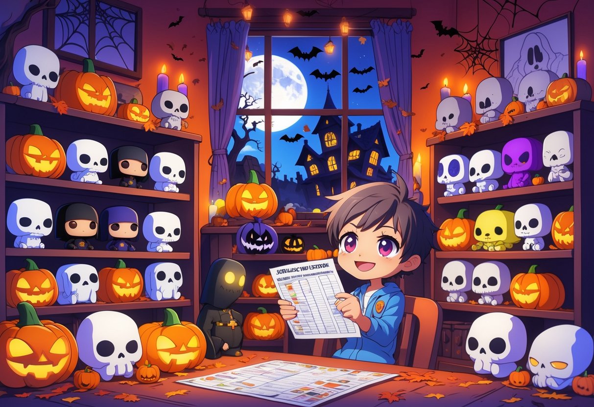 A person in a room filled with Halloween-themed collectible figures, holding a checklist, with pumpkins and spooky decorations around.