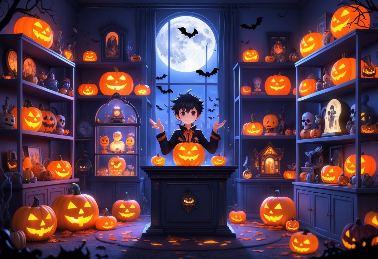A person arranging Halloween decorations and collectibles in a cozy room filled with pumpkins, spooky figurines, and glowing jack-o'-lanterns under a full moon.