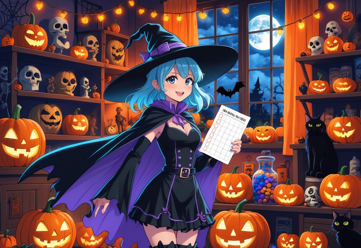 A young person in a witch costume surrounded by Halloween decorations and collectibles in a cozy room at night.