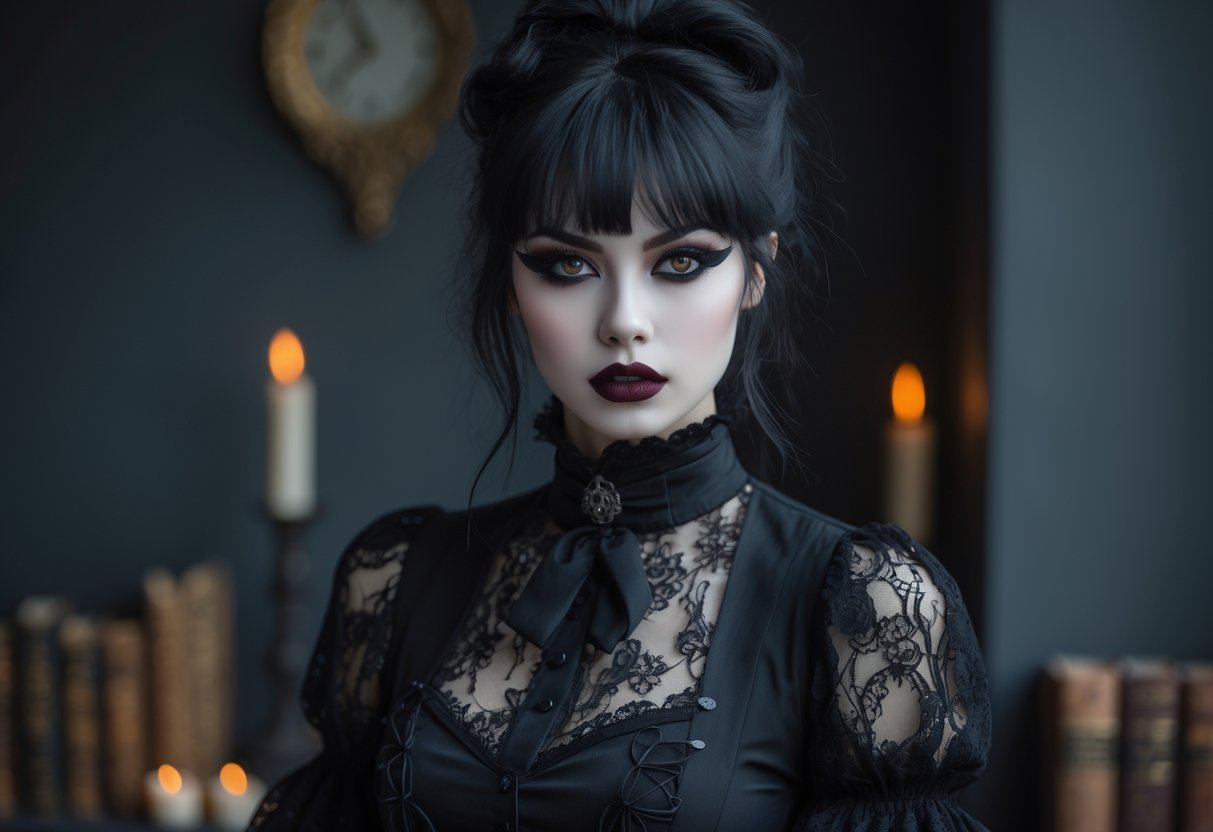 A young woman with dark hair and makeup wearing a black lace dress poses confidently in a dimly lit room with antique decor.