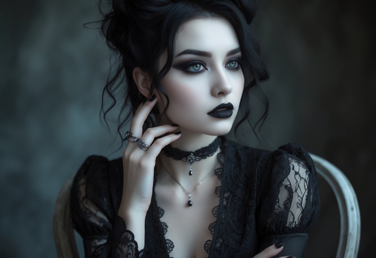 Portrait of a young woman with pale skin and dark hair wearing a black lace dress, looking thoughtfully off-camera against a softly blurred dark background.