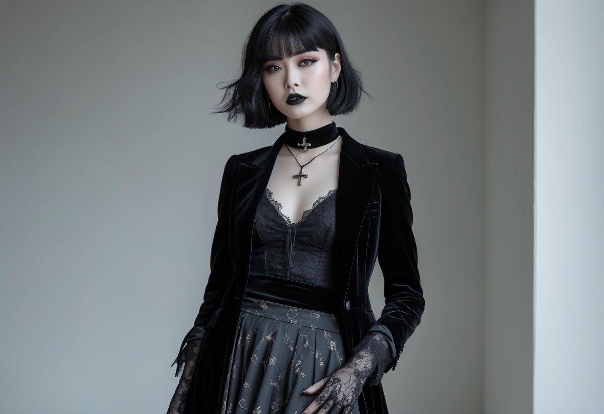 A confident young woman wearing a black velvet blazer, lace blouse, and long skirt standing in a softly lit studio.
