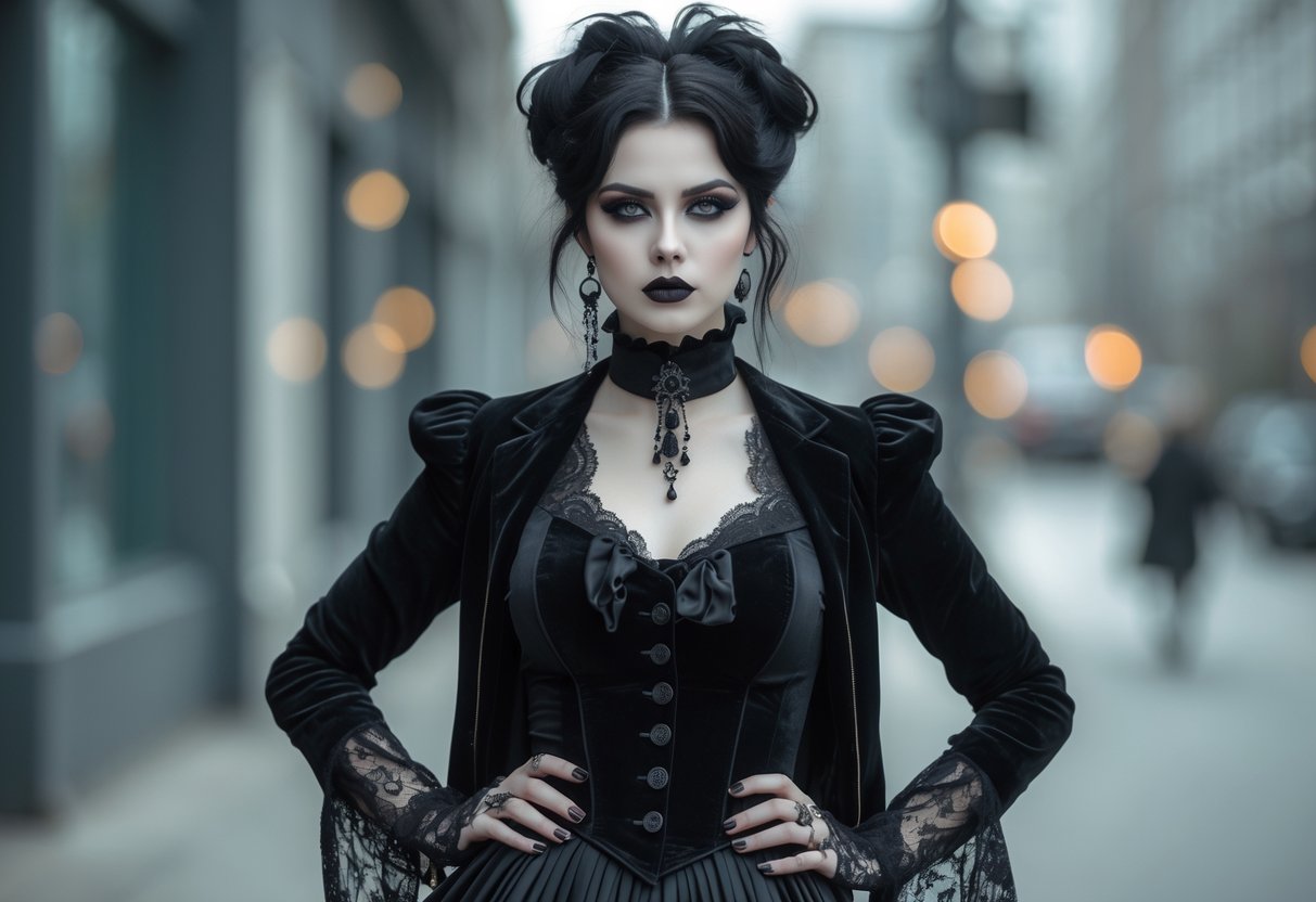 A young woman with pale skin and dark makeup wearing a black Victorian-inspired outfit, standing confidently in an urban setting with a blurred city background.