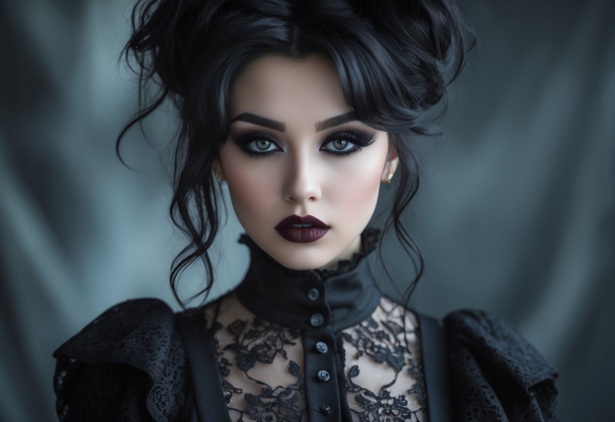 Portrait of a young woman with dark hair and makeup wearing a black lace dress, looking confidently at the camera against a dark blurred background.