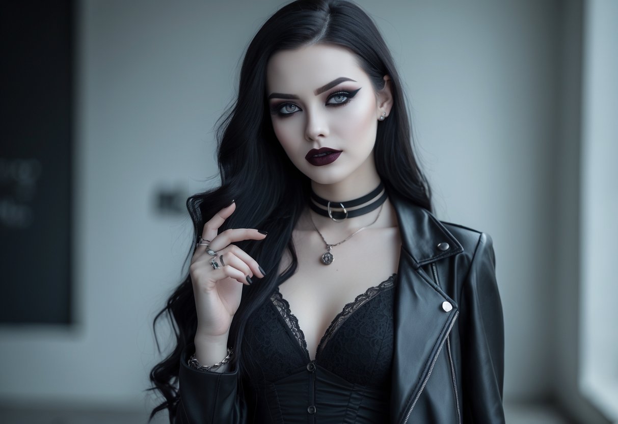 A young woman with dark hair and makeup wearing a black lace dress and leather jacket, standing confidently against a blurred urban background.