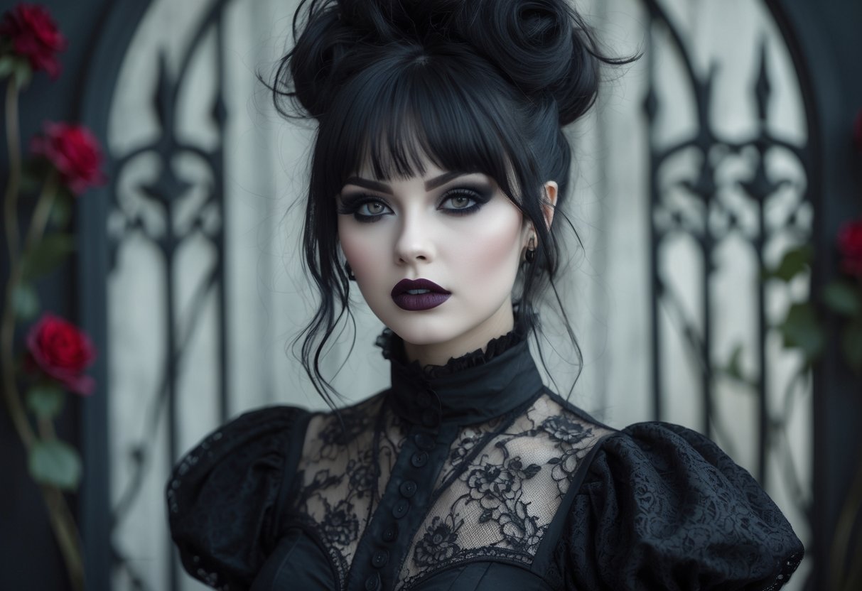 A young woman with dark makeup and black lace dress posing in front of a blurred dark background with gothic elements.