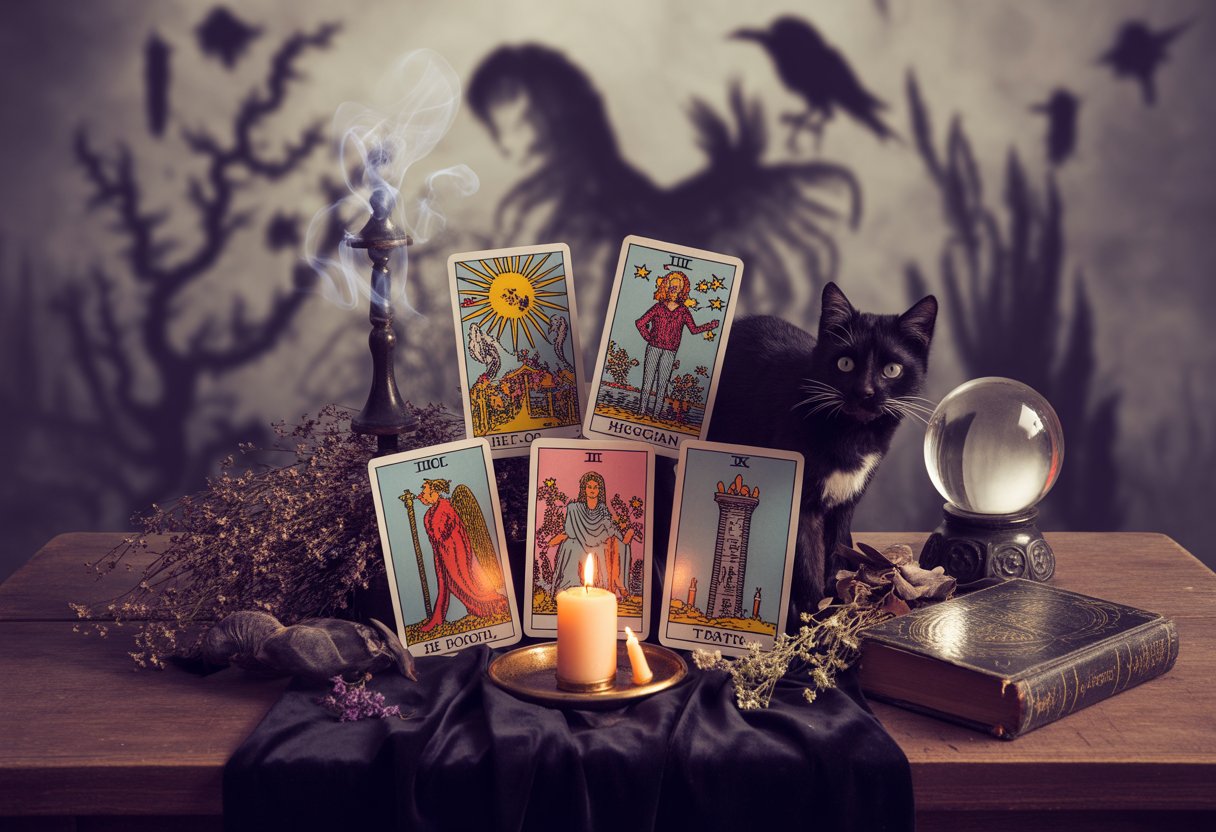A dark wooden table with tarot cards from the Major Arcana spread out, surrounded by candles, a black cat, a crystal ball, dried herbs, and an ancient book, set against a shadowy background with twisted branches.