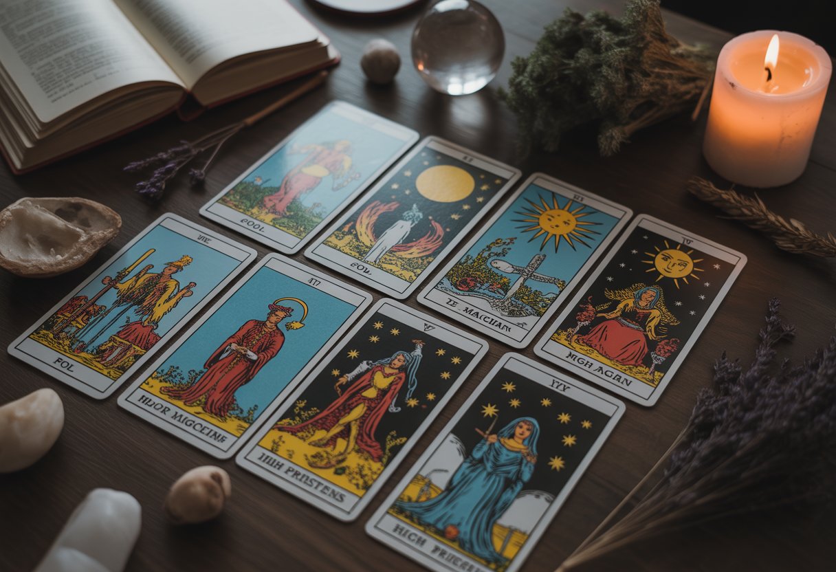 A close-up of Major Arcana tarot cards spread on a wooden table with a lit candle, crystal ball, and dried herbs around them.
