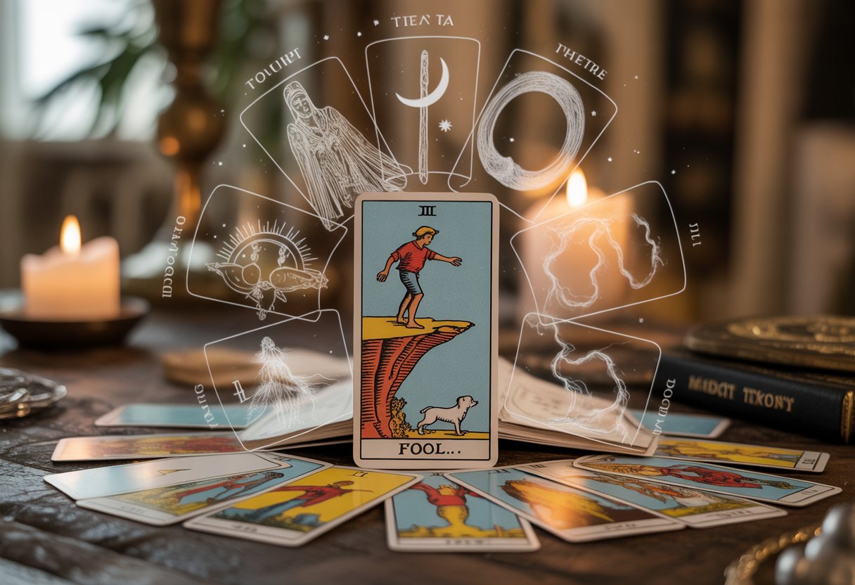 An open tarot deck on a wooden table with the Fool card in the center, surrounded by candlelight and mystical symbols in a softly blurred background.