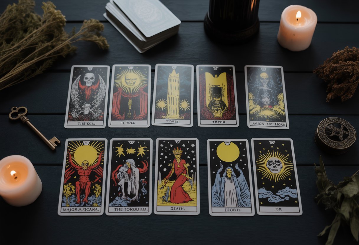 A spread of Major Arcana tarot cards on a dark wooden table with a candle and mystical props, highlighting spooky and symbolic imagery.