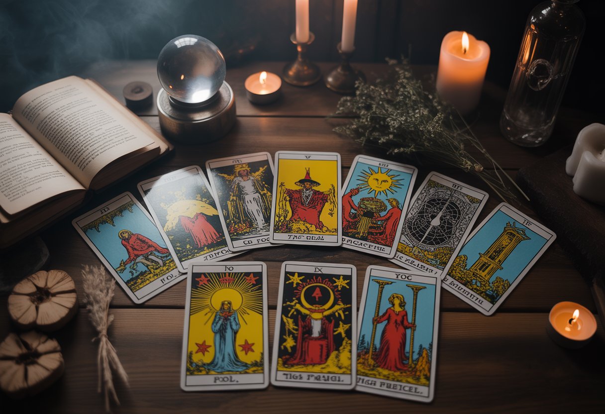 A wooden table with tarot cards from the Major Arcana spread out, surrounded by candles, a glowing crystal ball, dried herbs, and open ancient books in a dimly lit, foggy setting.