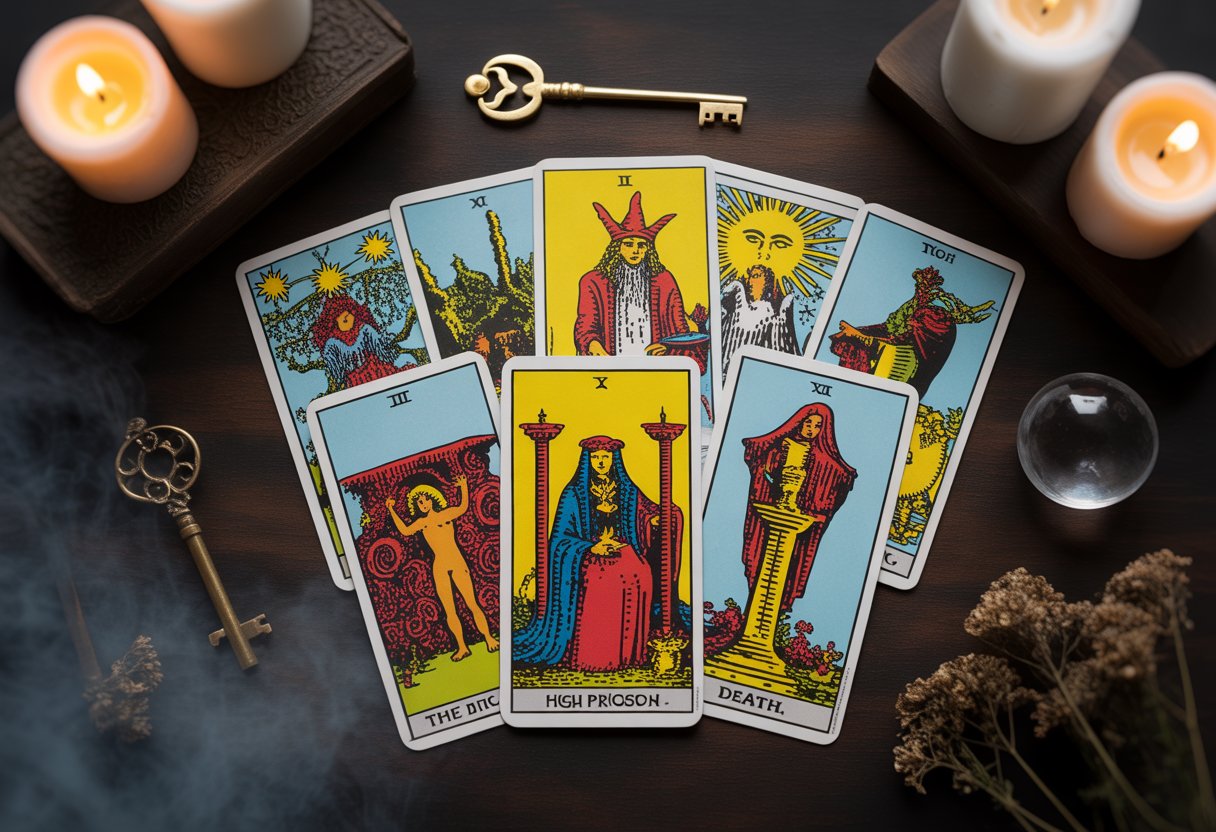 A dark wooden table with a spread of Major Arcana tarot cards surrounded by glowing candles, smoke, an antique key, a crystal ball, and dried herbs creating a mysterious atmosphere.