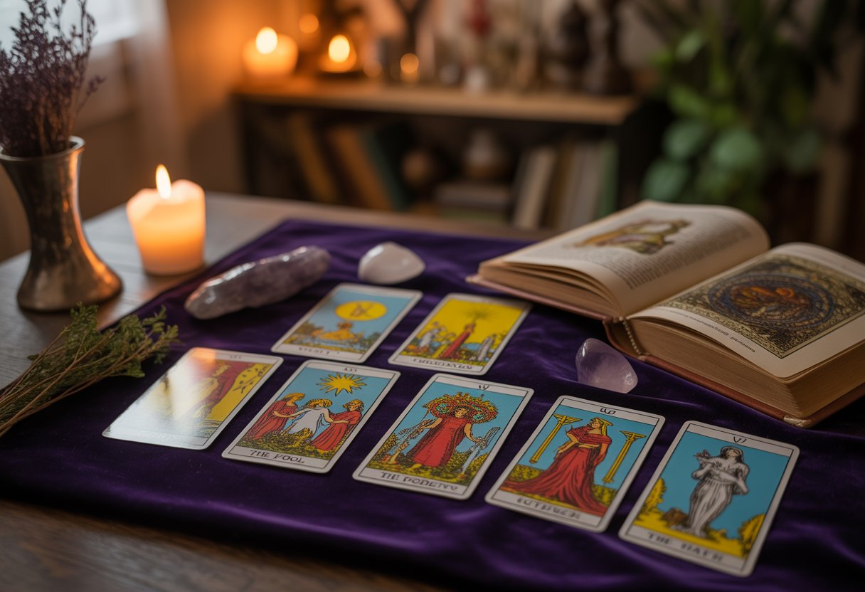 A table with tarot cards from the Major Arcana spread out, surrounded by candles, crystals, and an open book in a softly lit room.