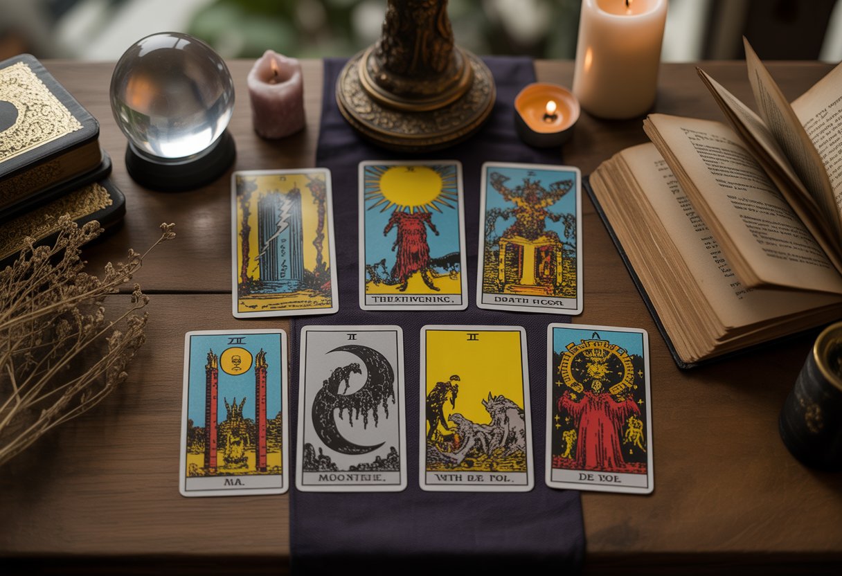 A wooden table with several Major Arcana tarot cards laid out, surrounded by candles, a glowing crystal ball, dried herbs, and an open antique book.