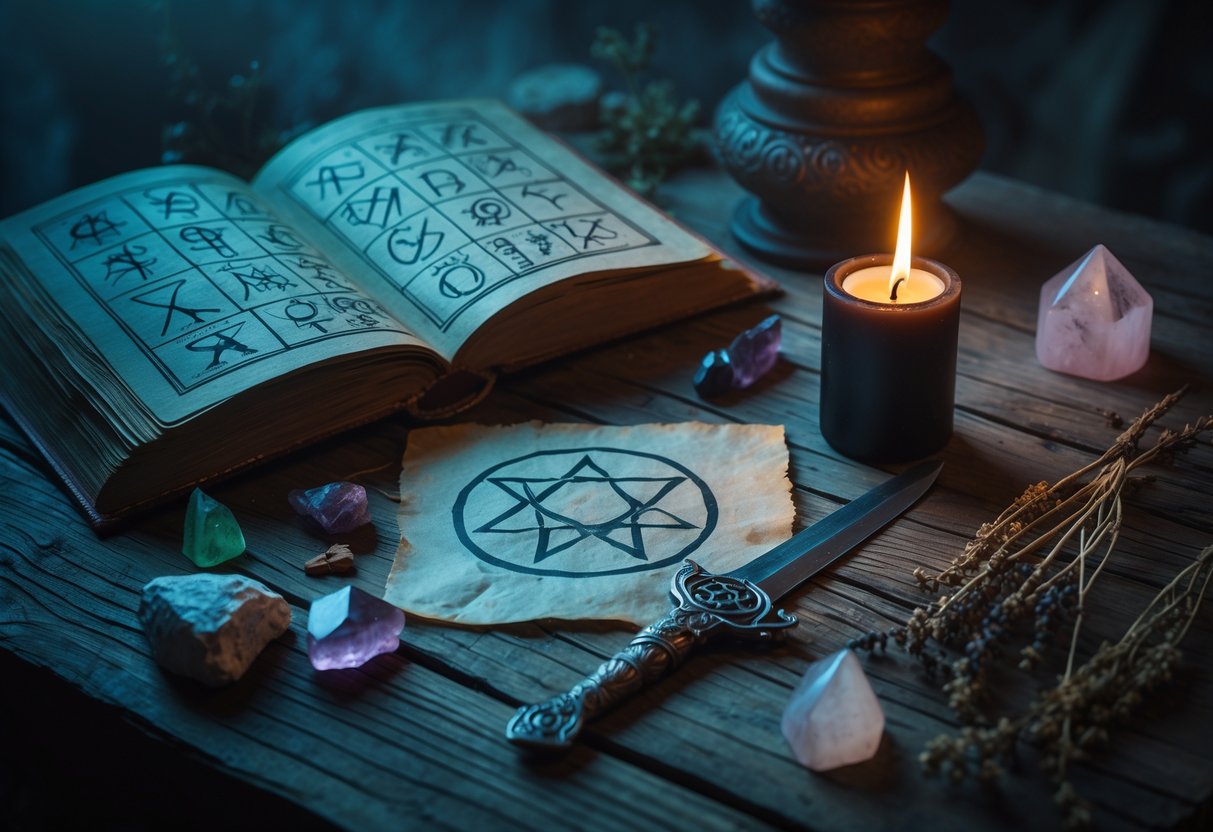 Dim table with occult symbols, open book, pentagram, dagger, black candle, herbs, and crystals.