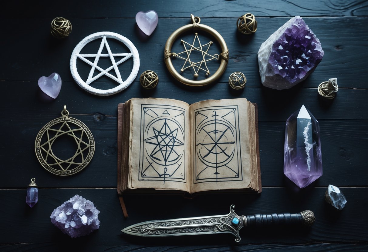 Flat lay of occult symbols, pentagram, open book with runes, moon pendant, silver dagger, crystals.