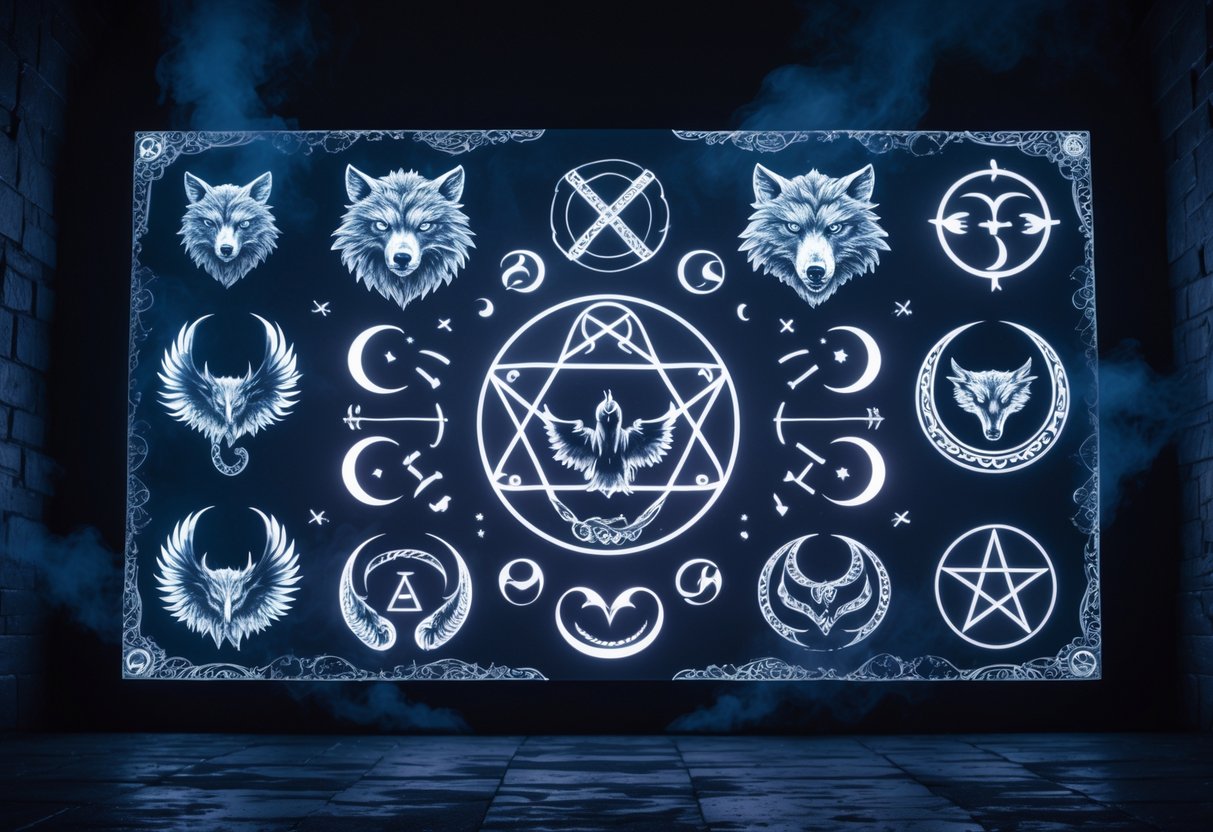 Dark screen with glowing animal and occult symbols, ravens, wolves, serpents, pentagrams, runes, smoke.
