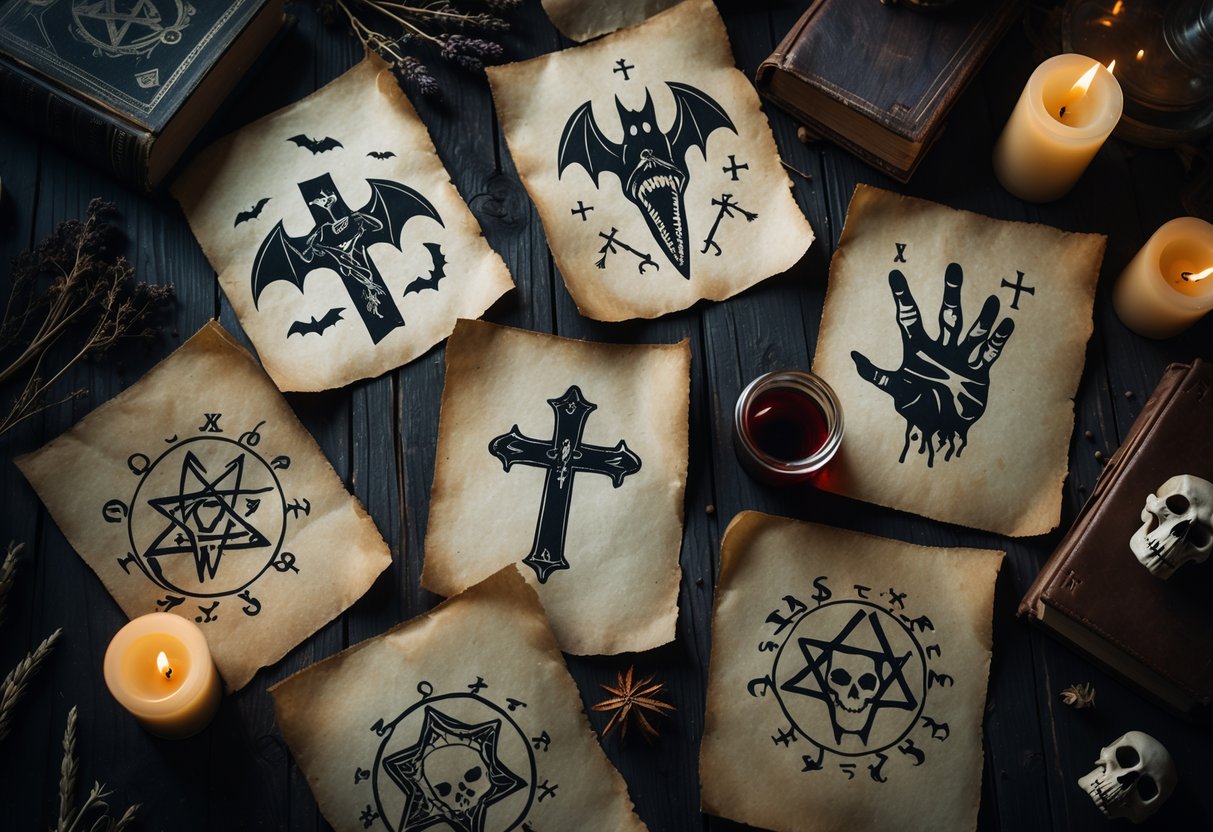 Dark wooden table with vampire and zombie symbols, candles, dried herbs, red vial, and old books.