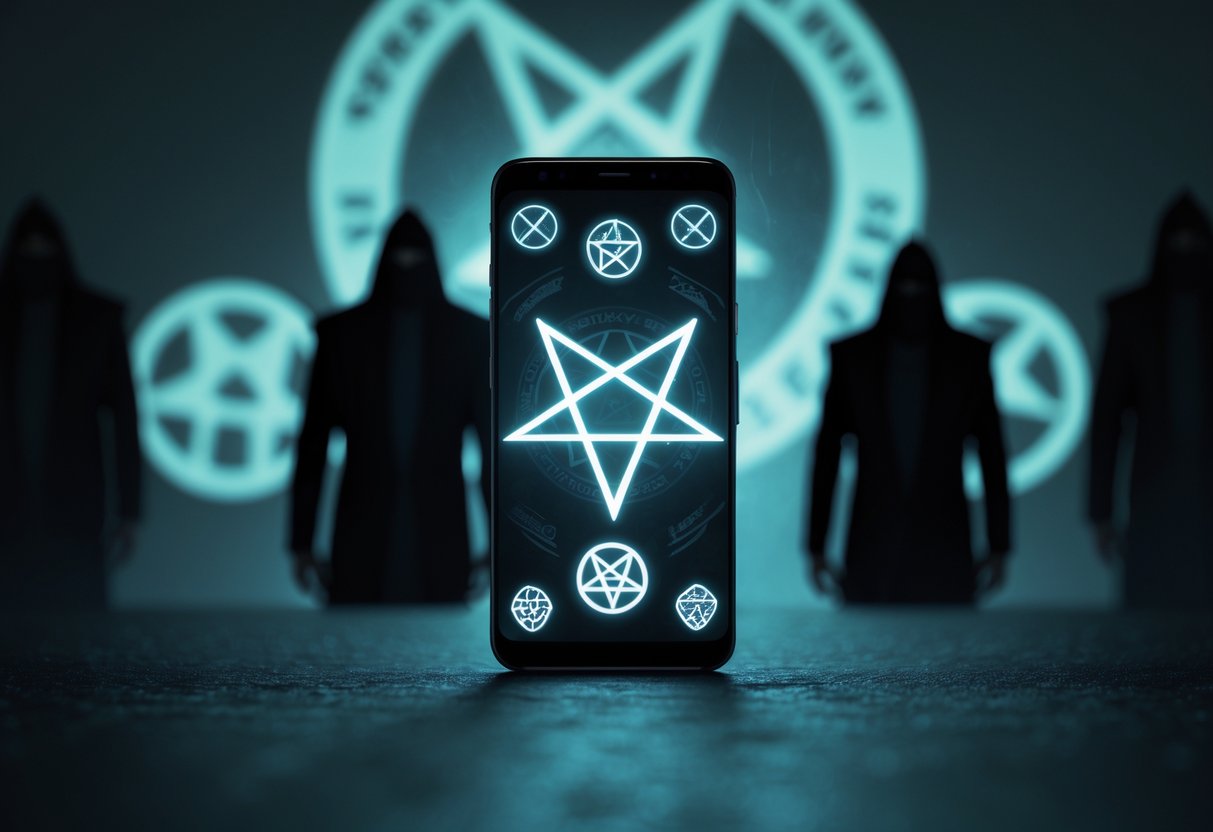 Glowing smartphone with occult symbols, surrounded by shadowy figures and eerie dark shapes.