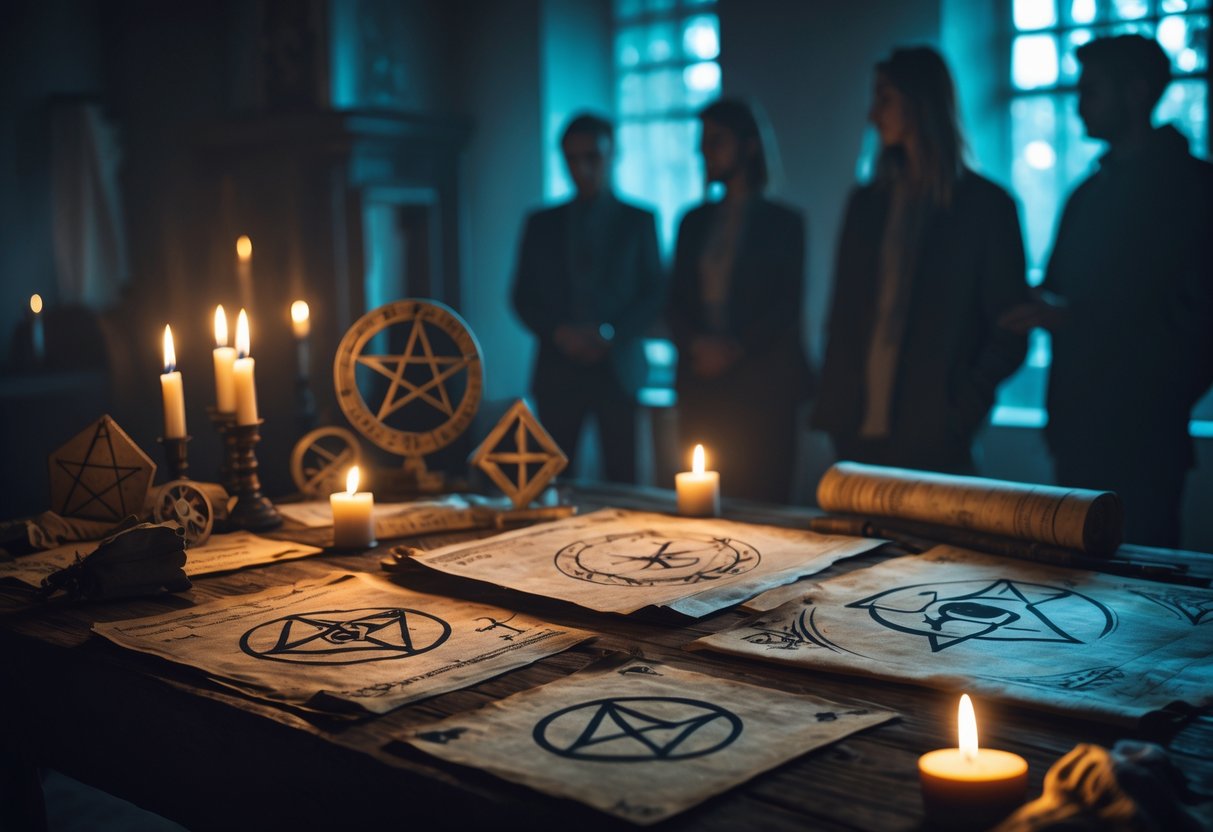 Dim table with scrolls, pentagrams, Eye of Horus, candlelight, and blurred figures in background.