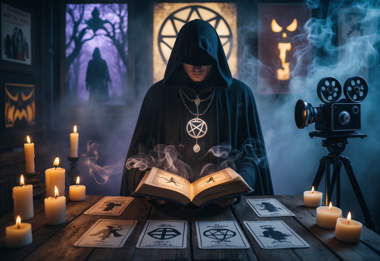 Cloaked figure with glowing book amid candles, tarot, film gear, and horror-ocult collage.