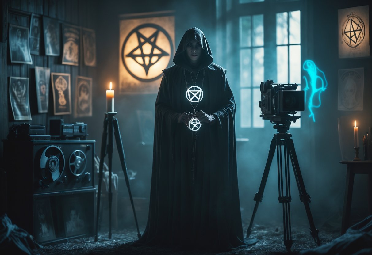 Dim room with vintage horror items, cloaked figure holding pentagram, camera, and glowing symbols.