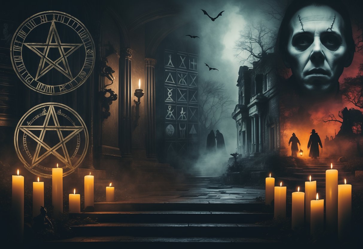 Dark collage of occult symbols, vintage horror, and ghostly figures from old to modern scenes.