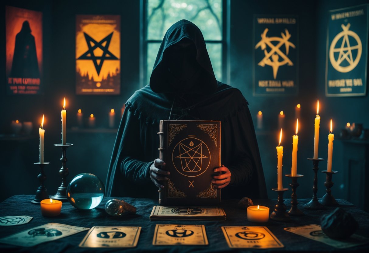 A dark room with a cloaked figure holding an old book surrounded by candles and occult objects.