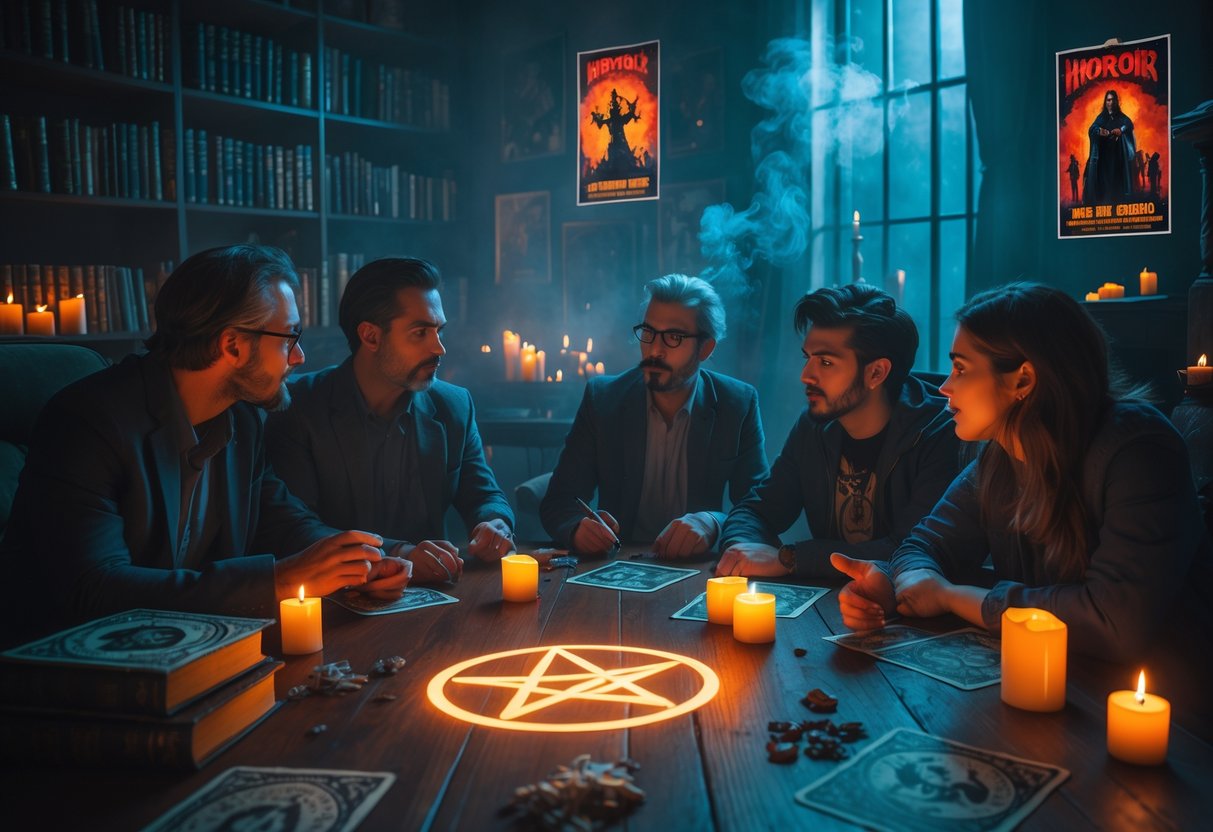 Dim room with tarot, glowing pentagram, horror posters, candles, and people sharing ideas.