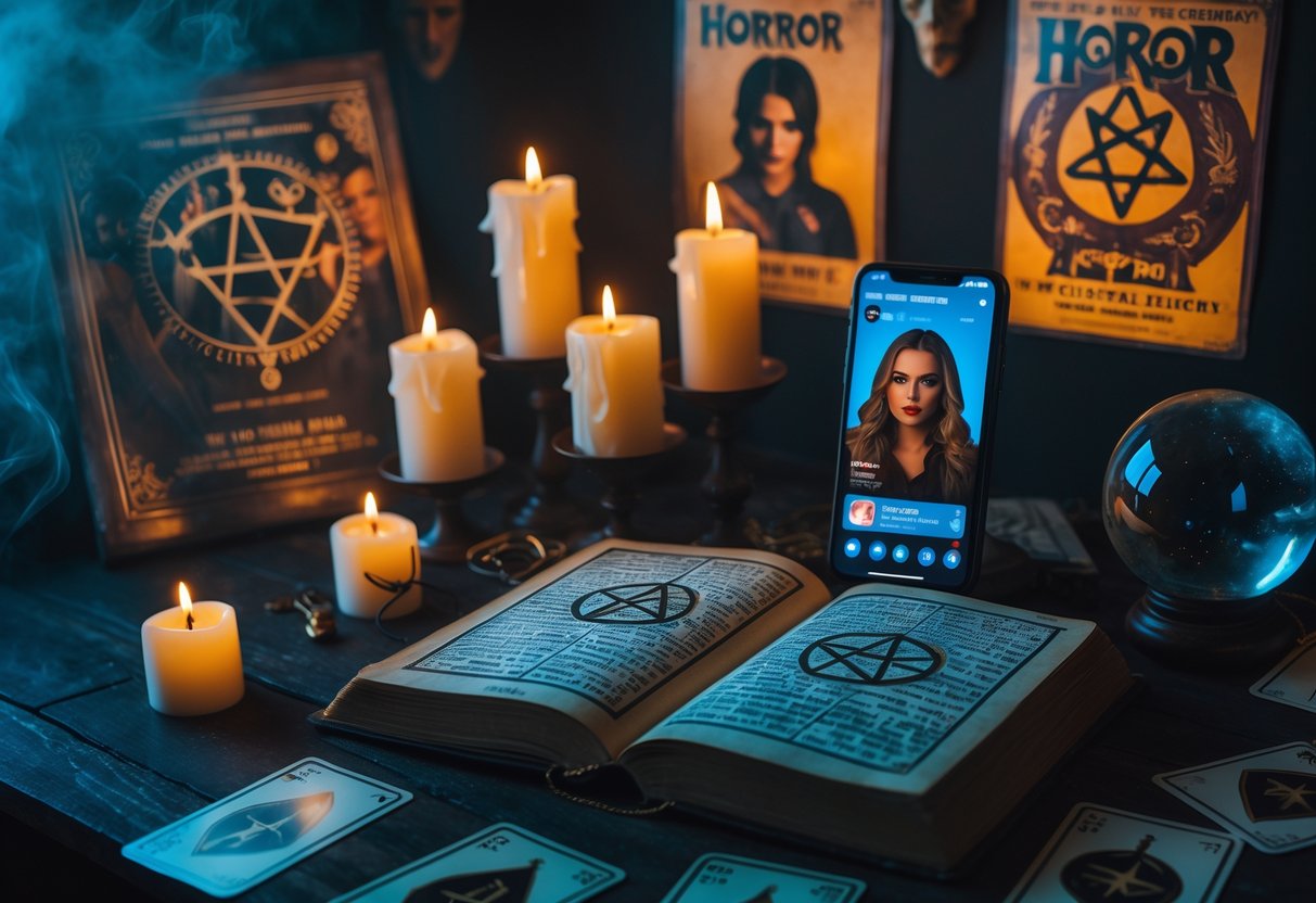 Dim room with candles, ancient book, tarot cards, crystal ball, and vintage horror posters.