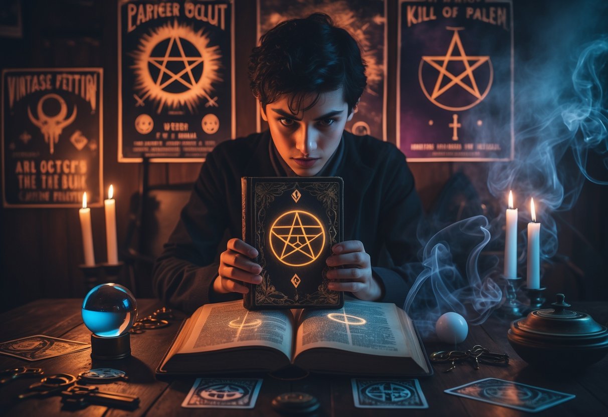 Person with old book amid candles, tarot cards, occult symbols, and vintage horror posters
