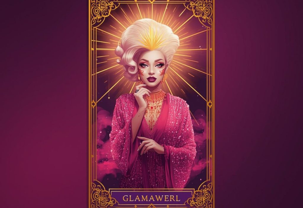 Glamorous oracle card design of a sparkling drag queen with ornate frame.