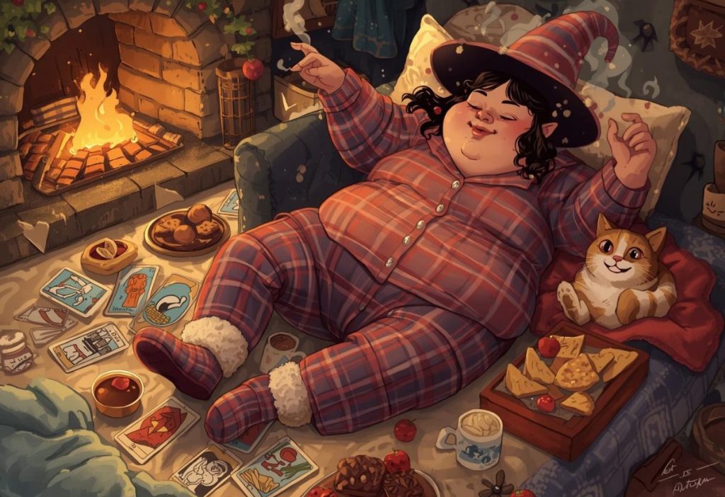 Cozy witch in pajamas reading tarot with cat, tea, and flickering candlelight.