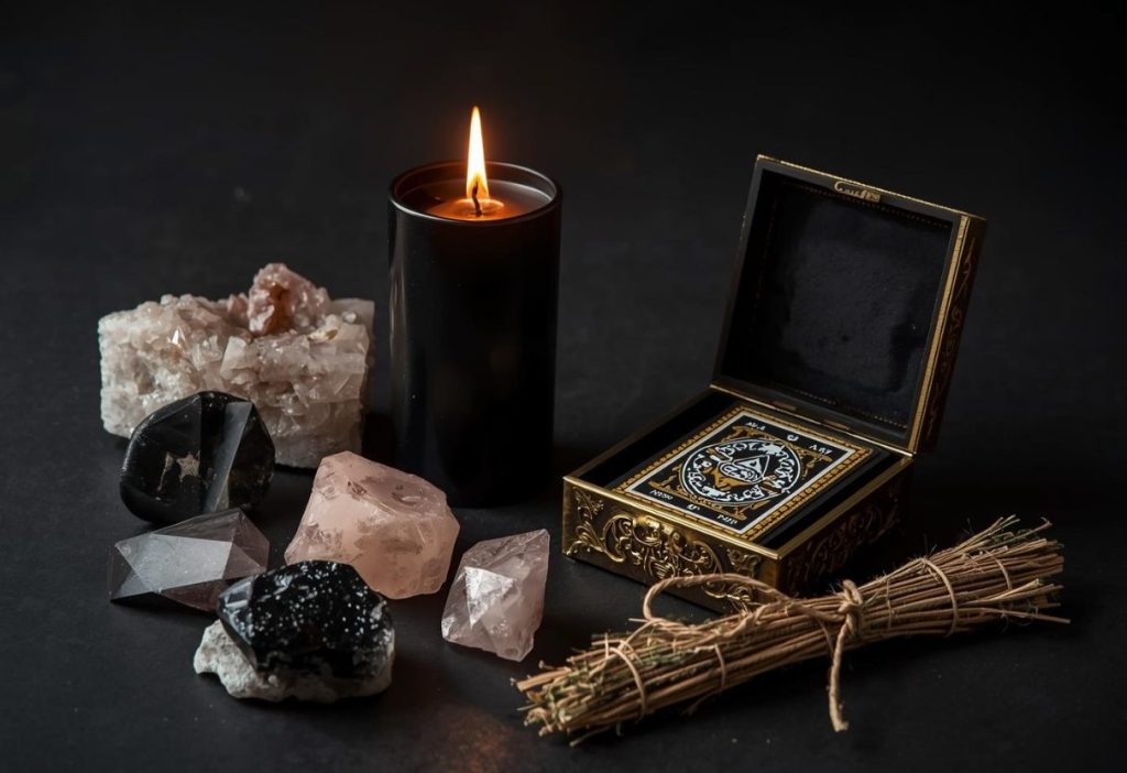 Flat lay of candles, crystals, and gilded tarot box on dark ritual background.