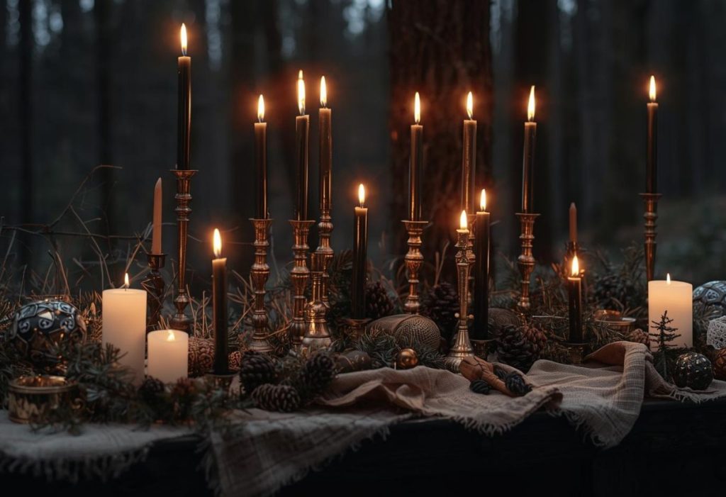 Winter altar with black and gold candles, brass holders, soft glow, forest backdrop, witchcore mood