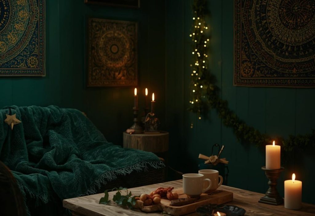 Cozy dark room with celestial decor, star garlands, moon mugs, green blanket, candlelight glow.