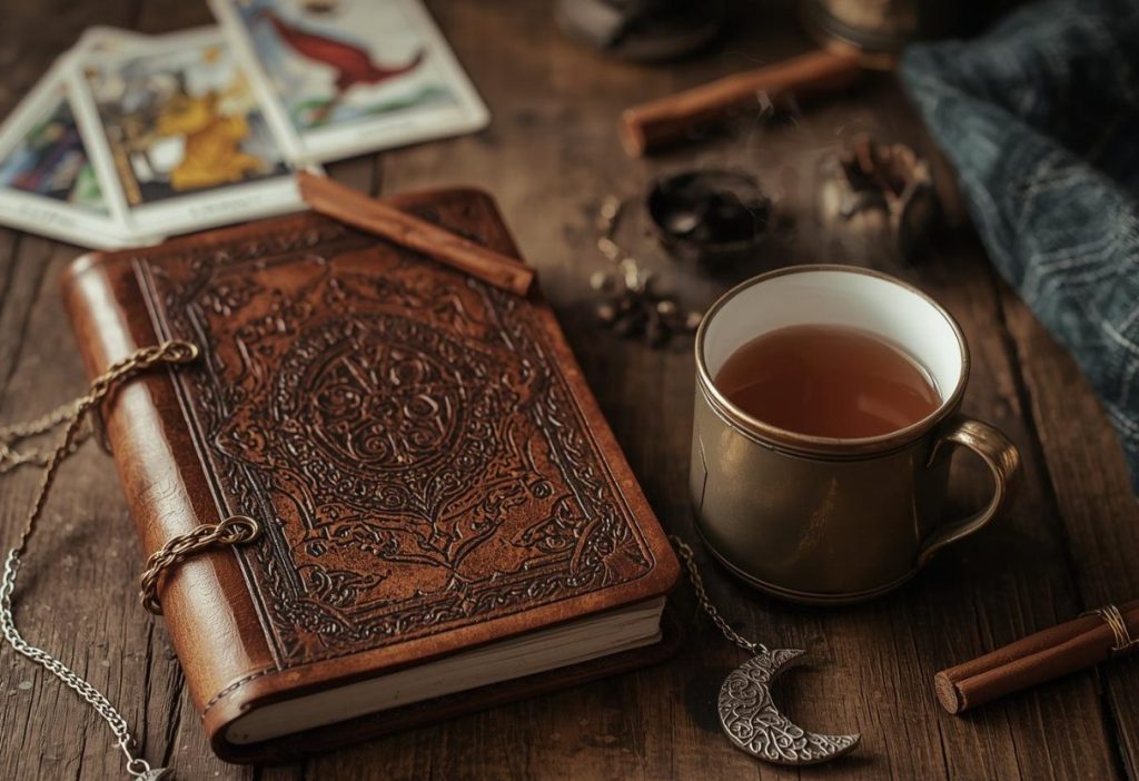 Leather grimoire journal, steaming cinnamon tea, tarot spread, moon charm, warm witchy glow.