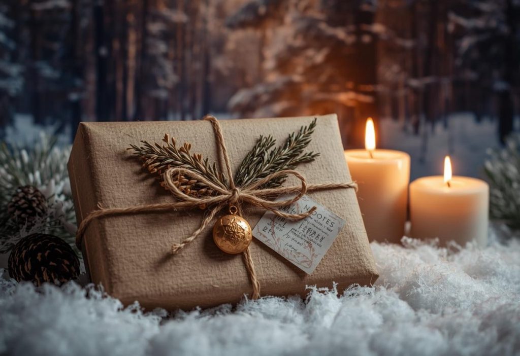 Wrapped solstice gift box with herbs, black tissue, gold charm, candles, mystical forest vibe.