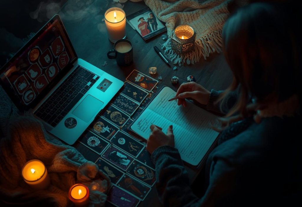 Cozy witch’s desk with tarot cards, candles, and laptop in warm amber light.