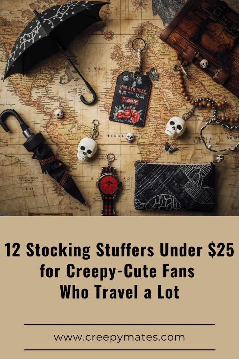 horror-kawaii travel flat lay with pouch, umbrella, skull keychains, and luggage tags on map