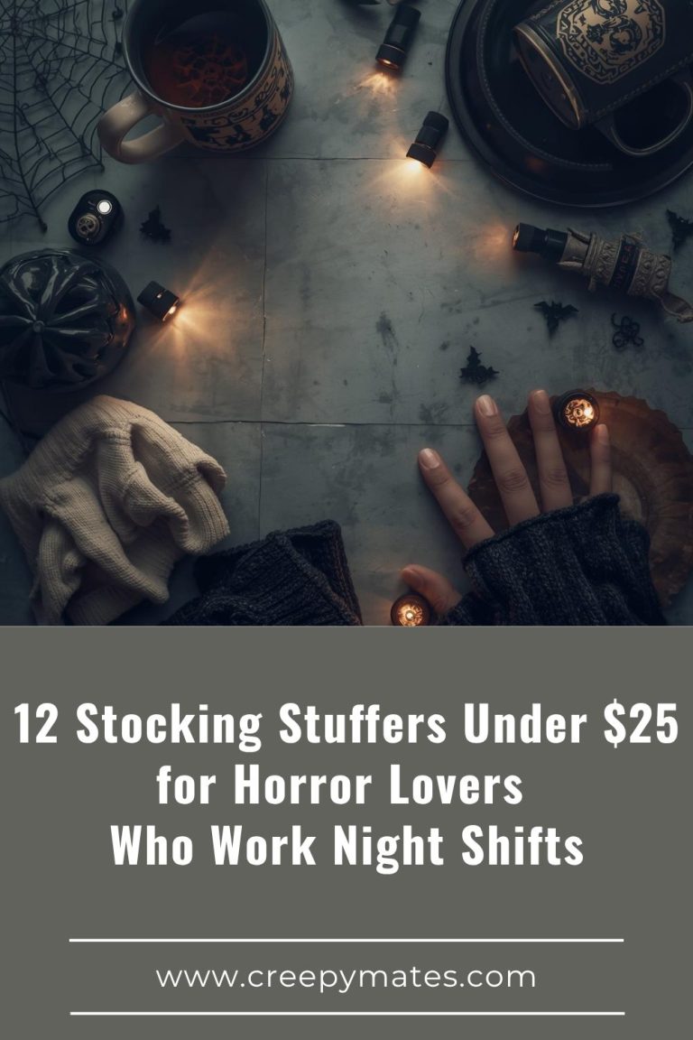 Spooky flat lay with horror mug, mini flashlight, cozy gloves, and dark props in soft moody lighting.