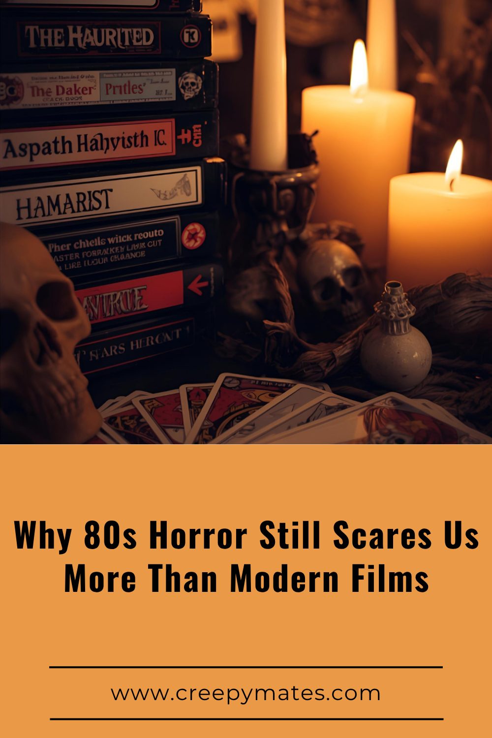 Vintage horror VHS tapes, candles, skulls, and tarot cards arranged in a moody gothic setting.