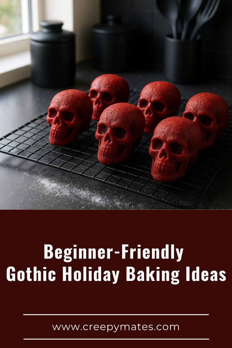 Red skull-shaped cakes cooling on a wire rack in a dark modern kitchen.