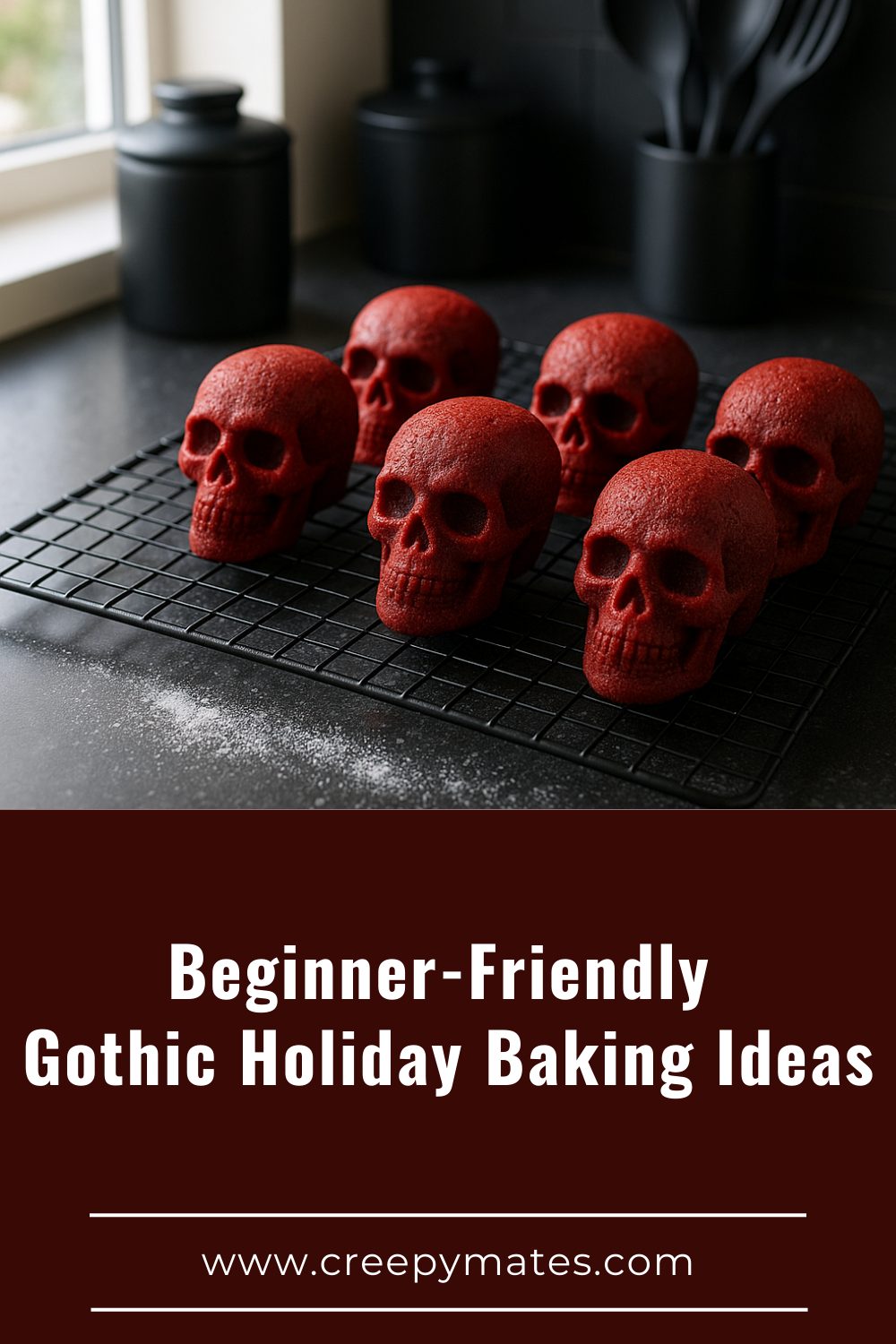 Red skull-shaped cakes cooling on a wire rack in a dark modern kitchen.