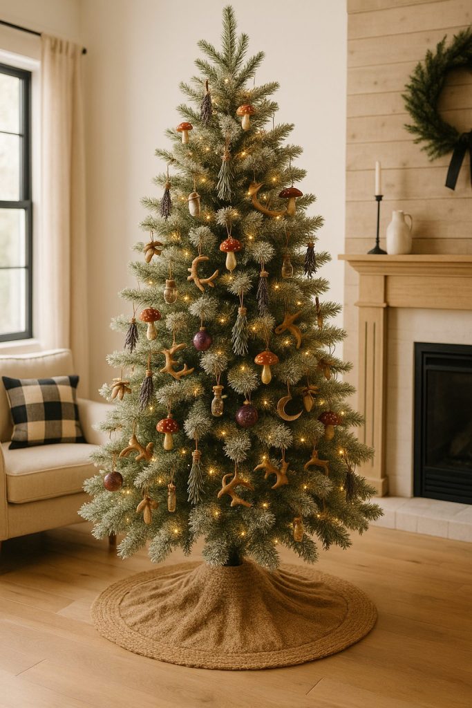 Frosted Christmas tree with rustic woodland ornaments including mushrooms and antlers.