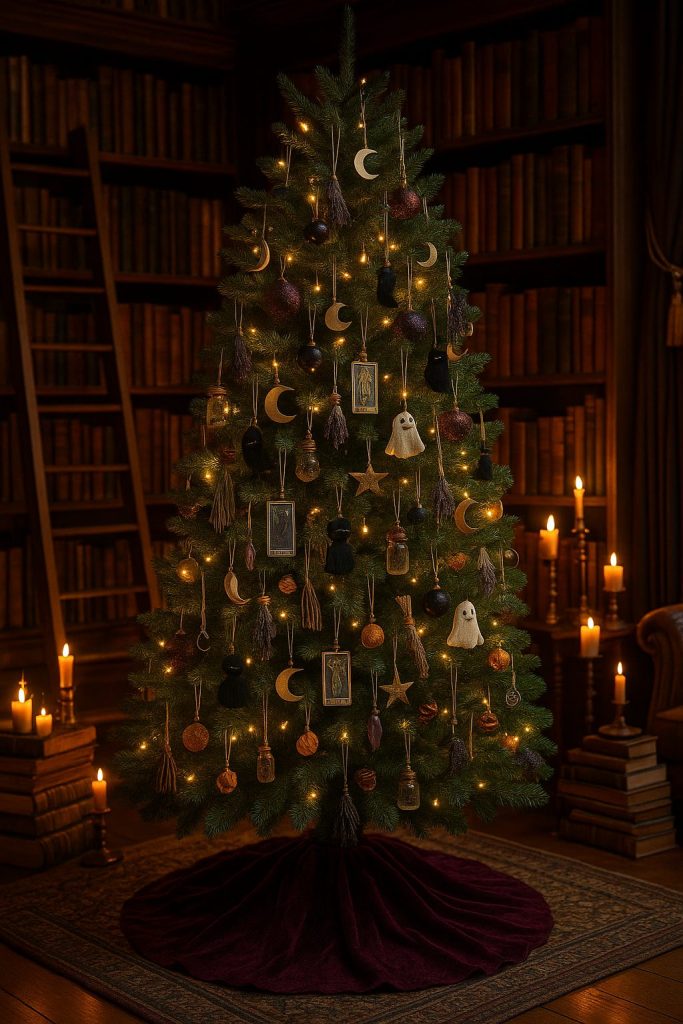 Witchy Christmas tree with tarot card ornaments, moons, stars and warm glowing lights.