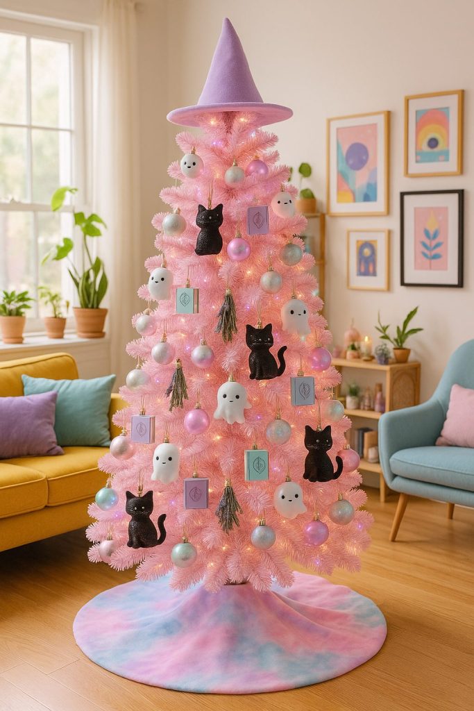 Cute pastel themed Christmas tree with ghost ornaments, black cats and iridescent baubles.