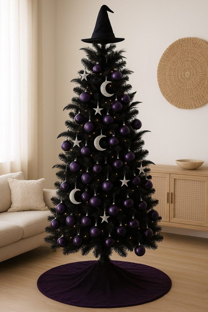 Black Christmas tree with purple ornaments, silver stars and moons, topped with a witch hat.